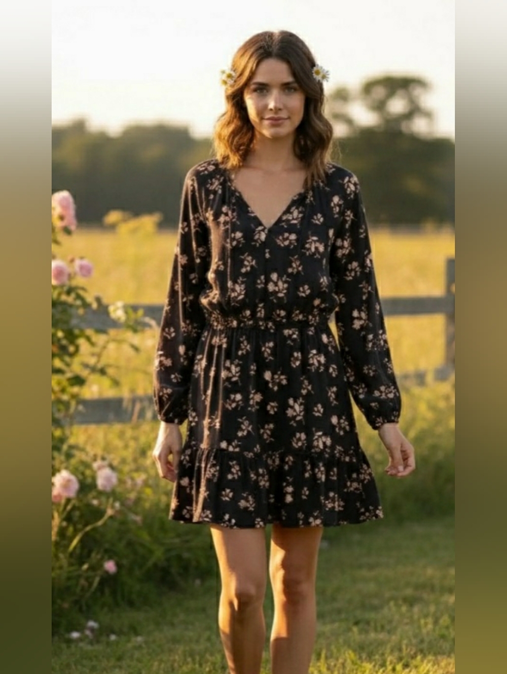 This Old Navy peasant dress Tiered skirt floral On Black Whimsigoth Boho Large - Picture 1 of 11